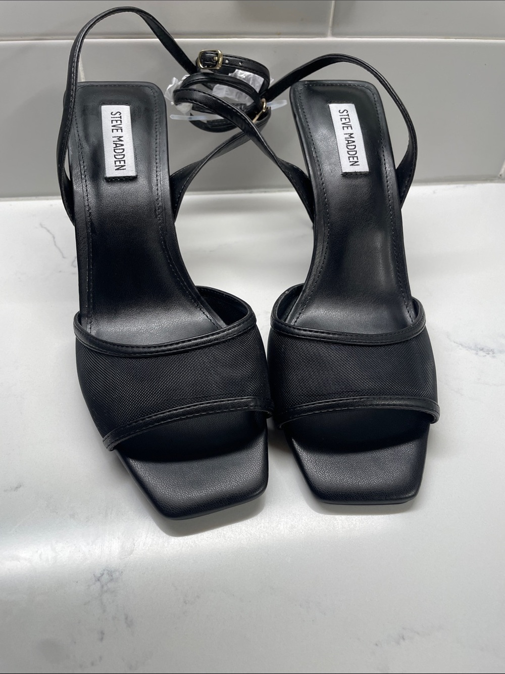 Steve Madden Black Square-Toe Strappy Ankle-Heel Sandals